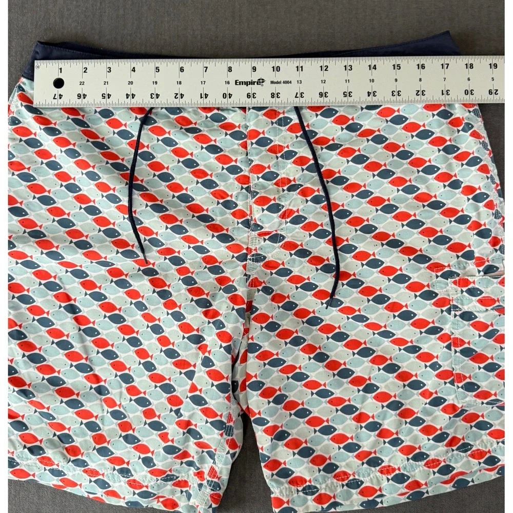 J. Crew Swim Trunks Mens Size 35 Fish Print Navy Blue‎ Drawstring Board Shorts